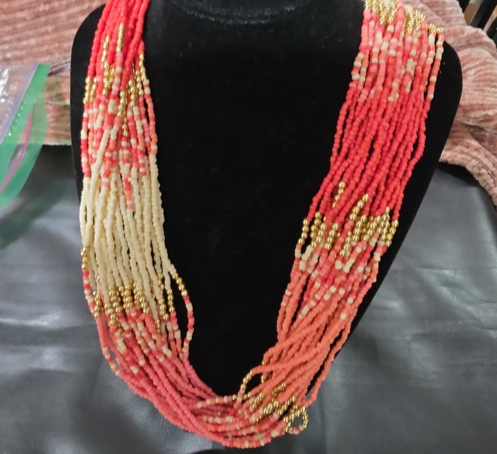 Multistrand Coral and Cream Seed Bead Necklace with Gold Accents